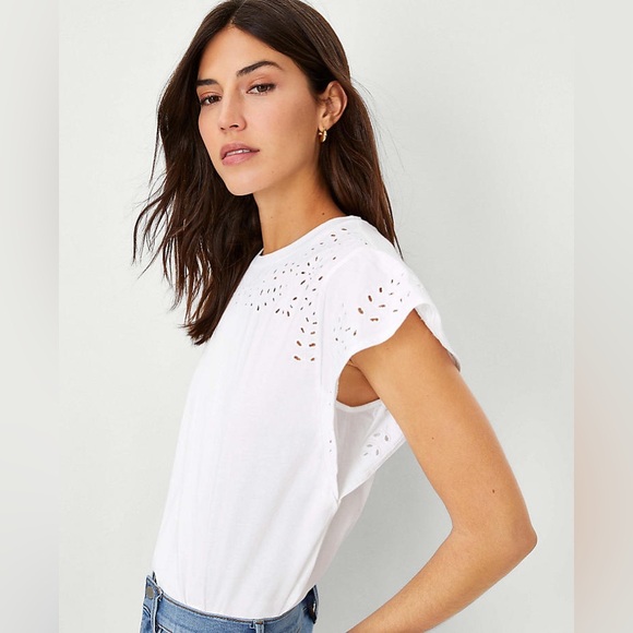 ⭐️ NWT Ann Taylor Eyelet Cap Sleeve Tee Scoop Neck Size XL - Picture 3 of 14